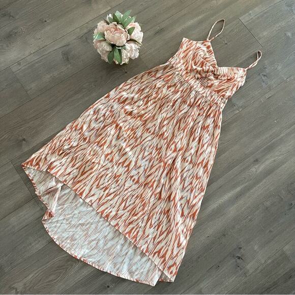 New Nine West Ikat Orange Twist Front High Low Midi Dress - Picture 2 of 7